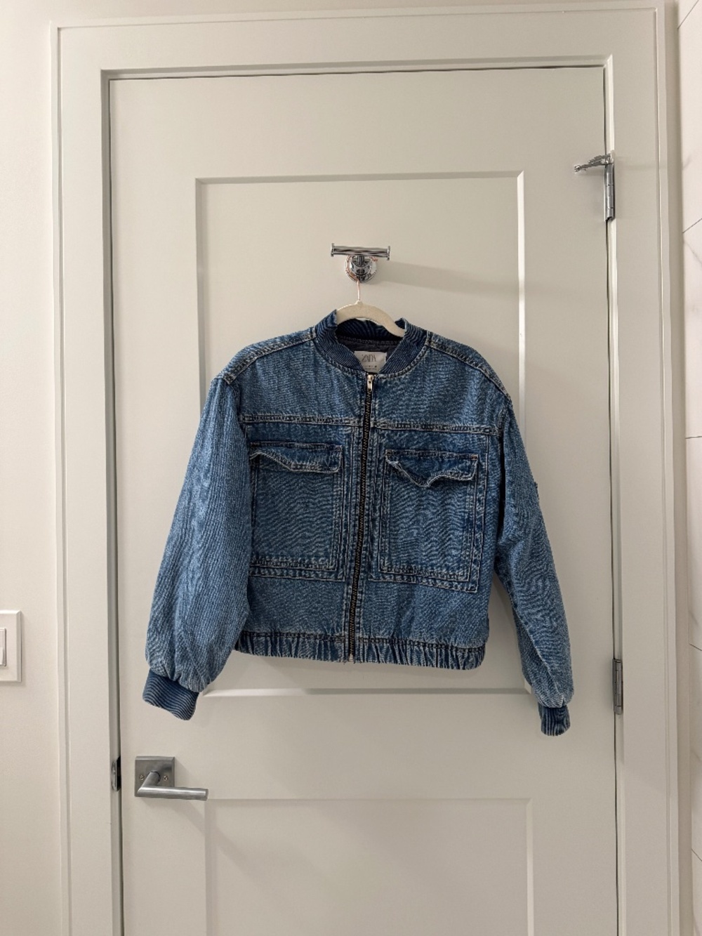 Zara Blue Denim Bomber Jacket – Zip-Up Utility Jacket